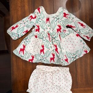 NWT Sweet Honey Red, Green and White Baby Dress with Reindeer Print